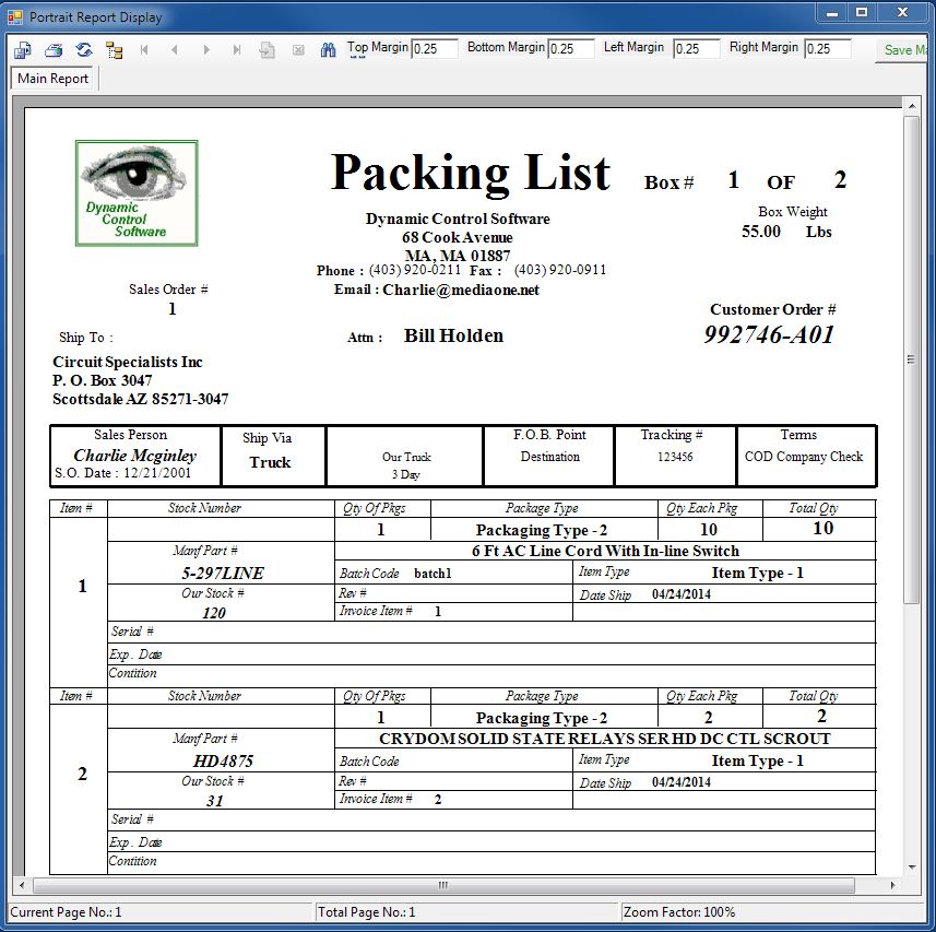 Inventory Packing List Printout