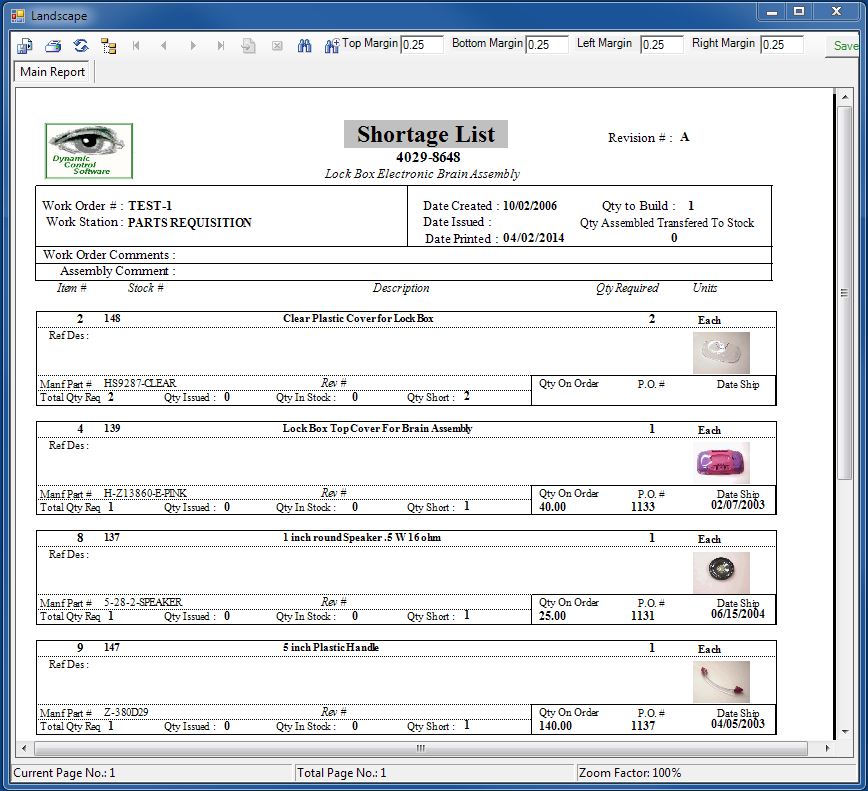 Work Order Shortage List