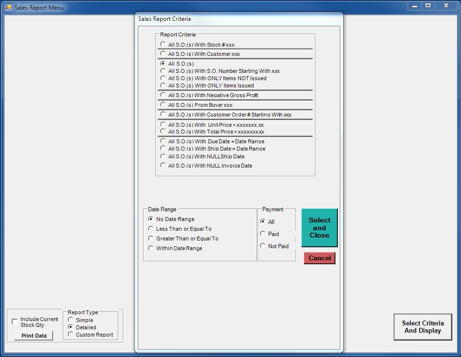 Software Sales Order Select Criteria