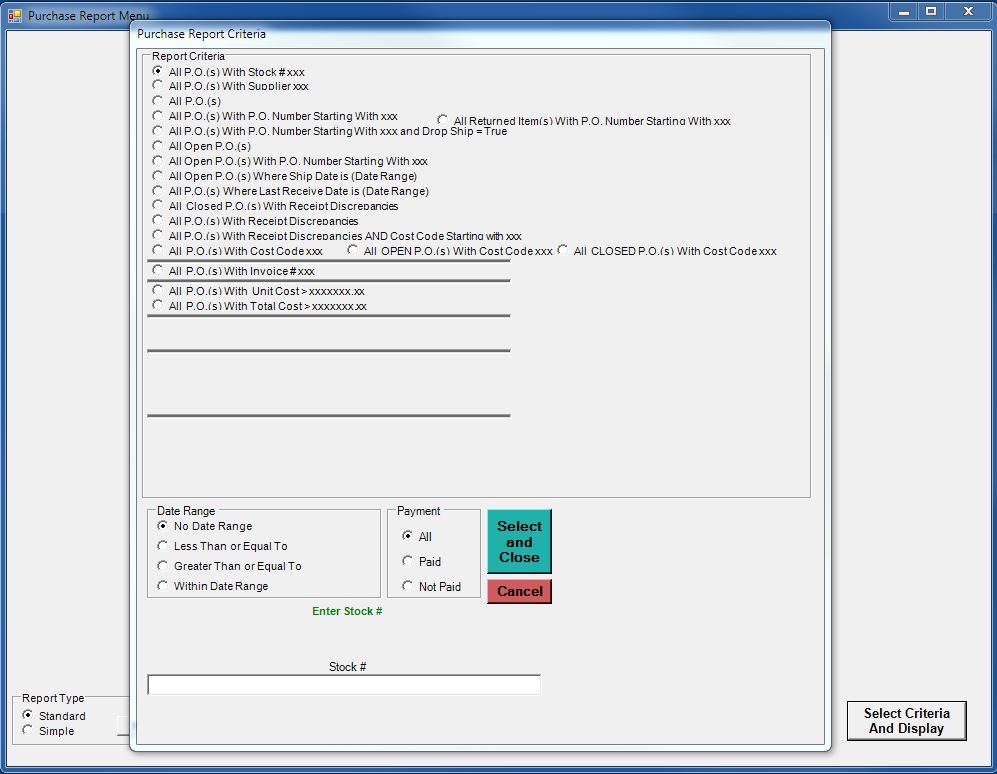 Software Purchase Order Select Filters