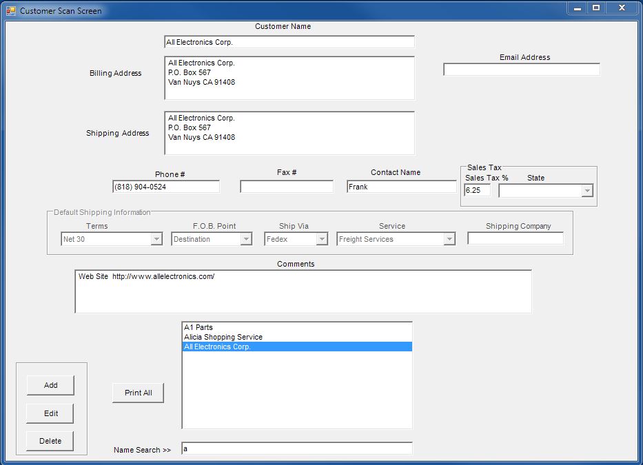 Sales Customer Information Screen