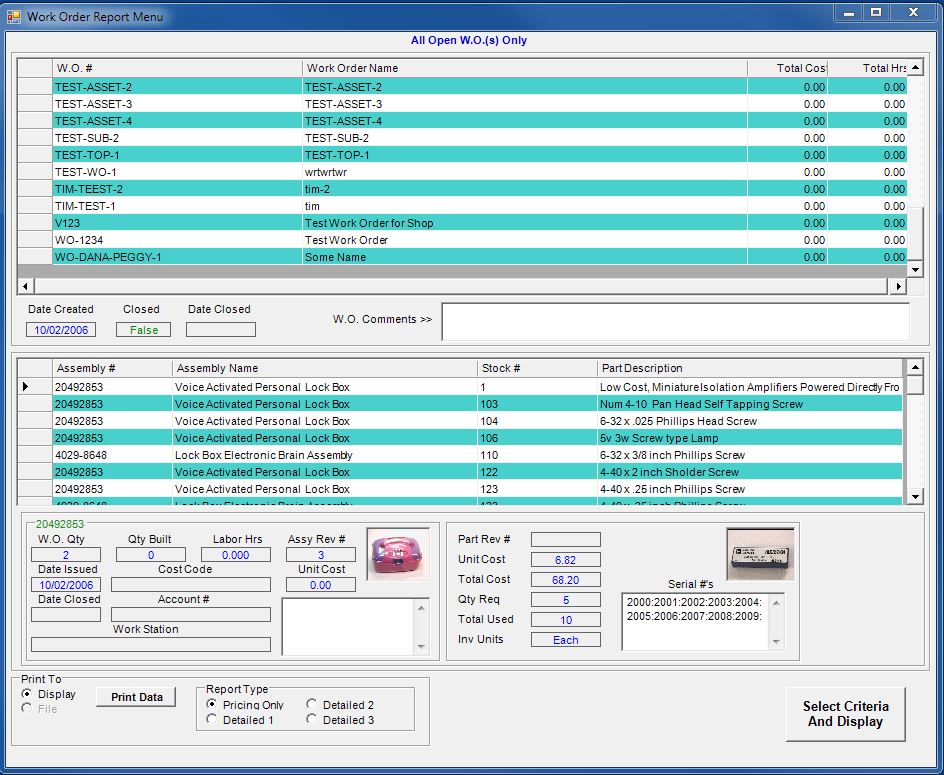 Work Order Report Screen