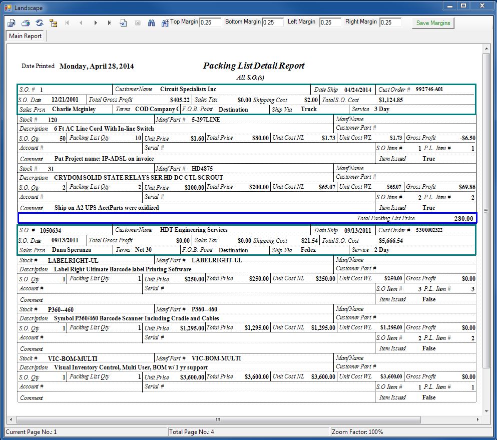 Sales Order Report With Packing List Hard Copy