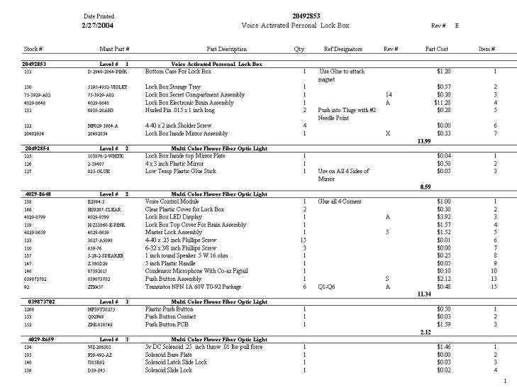 Bill of Materials Printout with Pictures