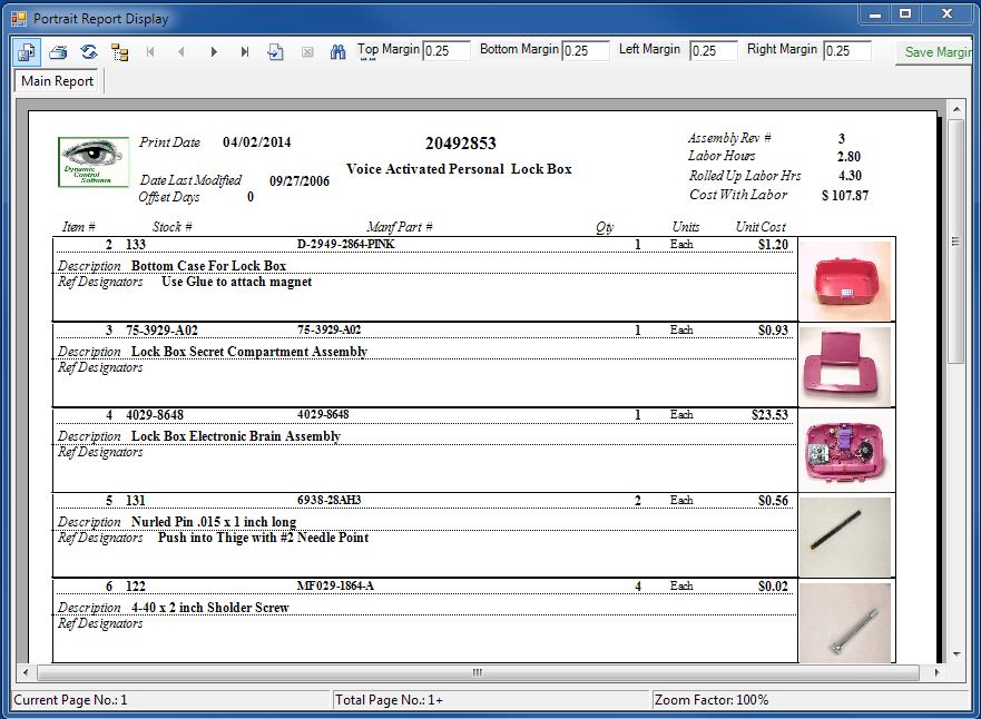 Bill of Materials Printout with Pictures